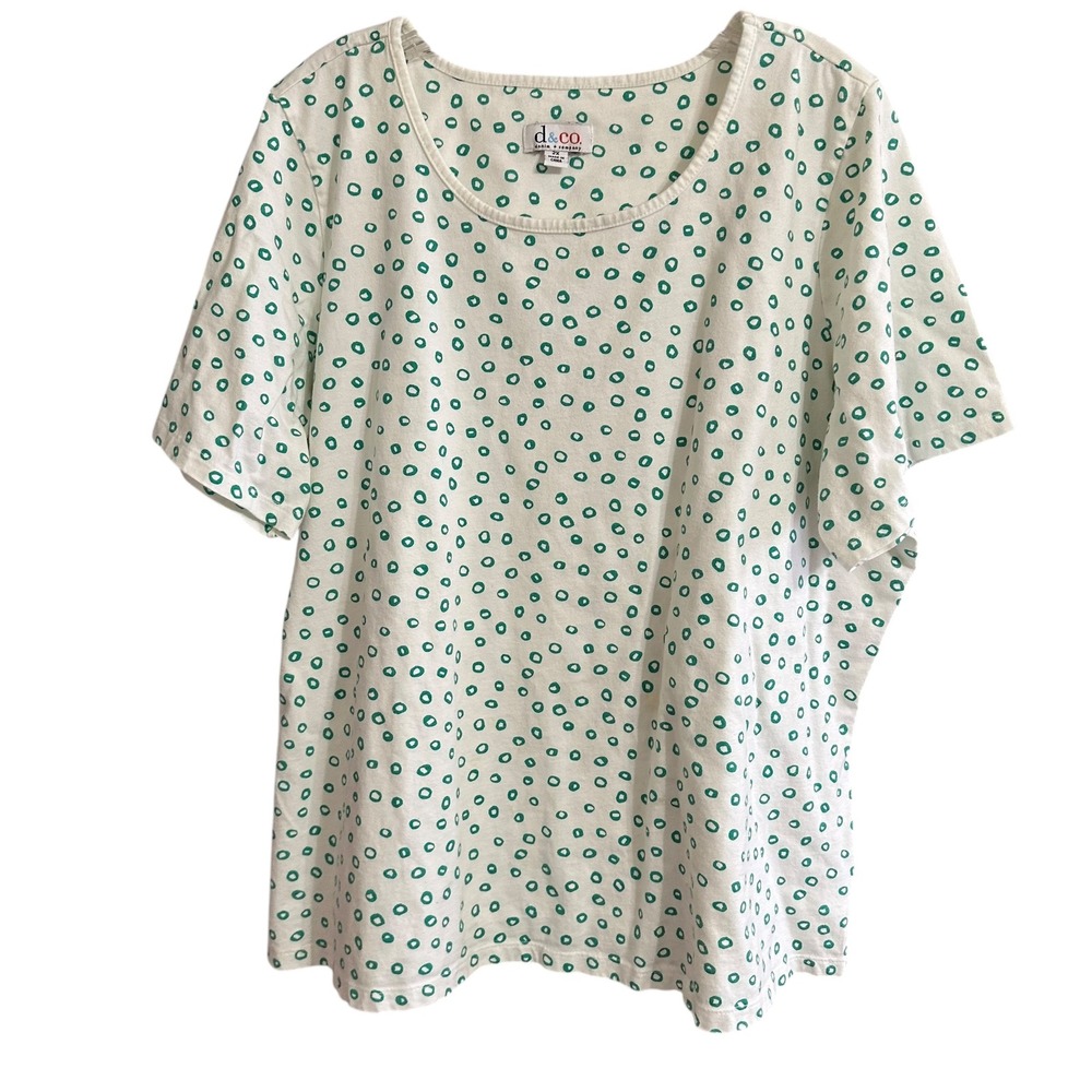Denim + Company White‎ Green Ring Dot Print Short Sleeve Top Plus Sz 2X Casual